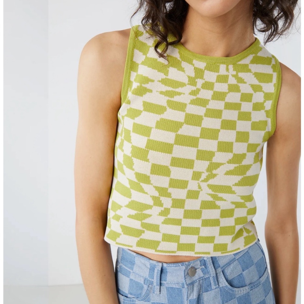 OAK + FORT Lime Green and Cream Checkerboard Knit Tank Top